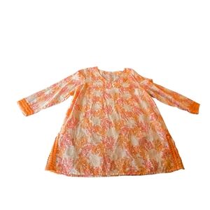 J.Jill Womens Linen Blend Orange Pink Floral 3/4 Sleeve Top Size M D2